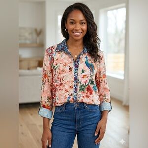JOHN MARK Floral Peacock Embroidered Button-Up Tunic Shirt women Lightweight